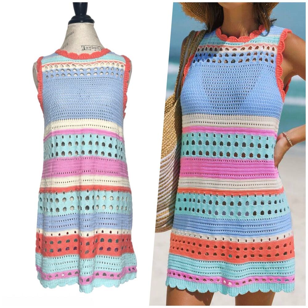 Popvil | Women | Crochet Pastel Stripe Open Back Cover-Up Dress | Size Small